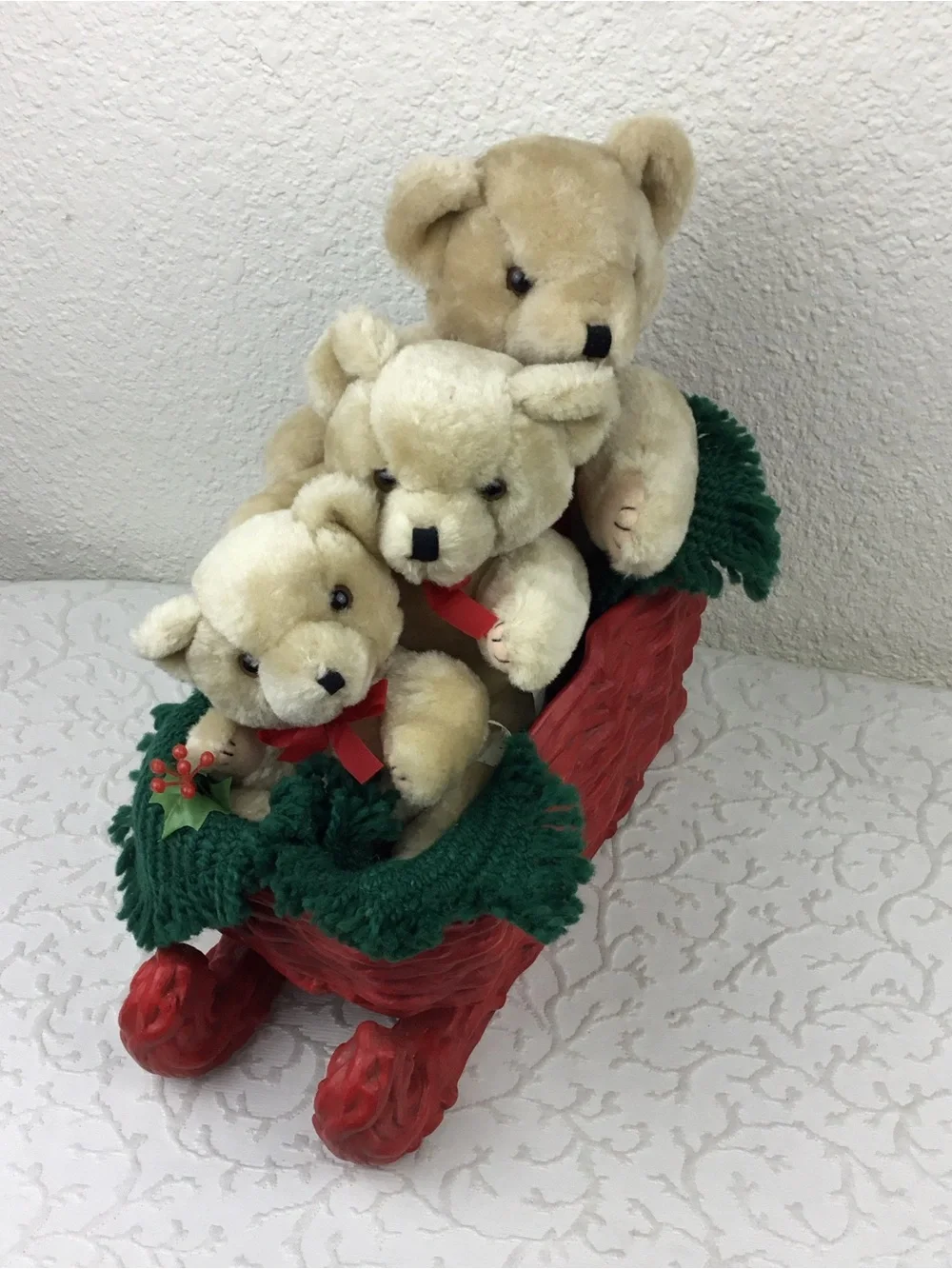 Plush Teddy Trio in Cream with Red Ribbons - Holiday Decorative Set